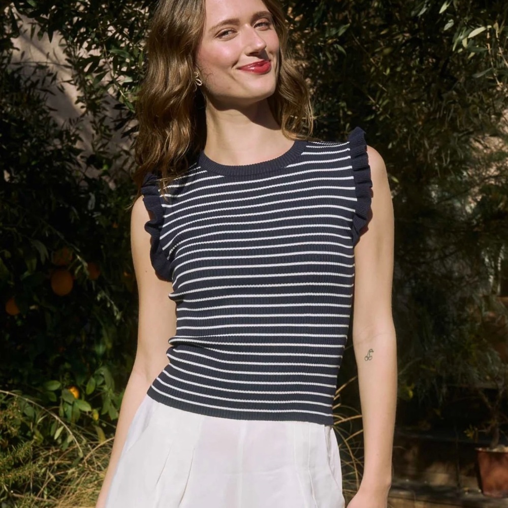 Navy and White Striped Ruffle Sleeve Tank Top